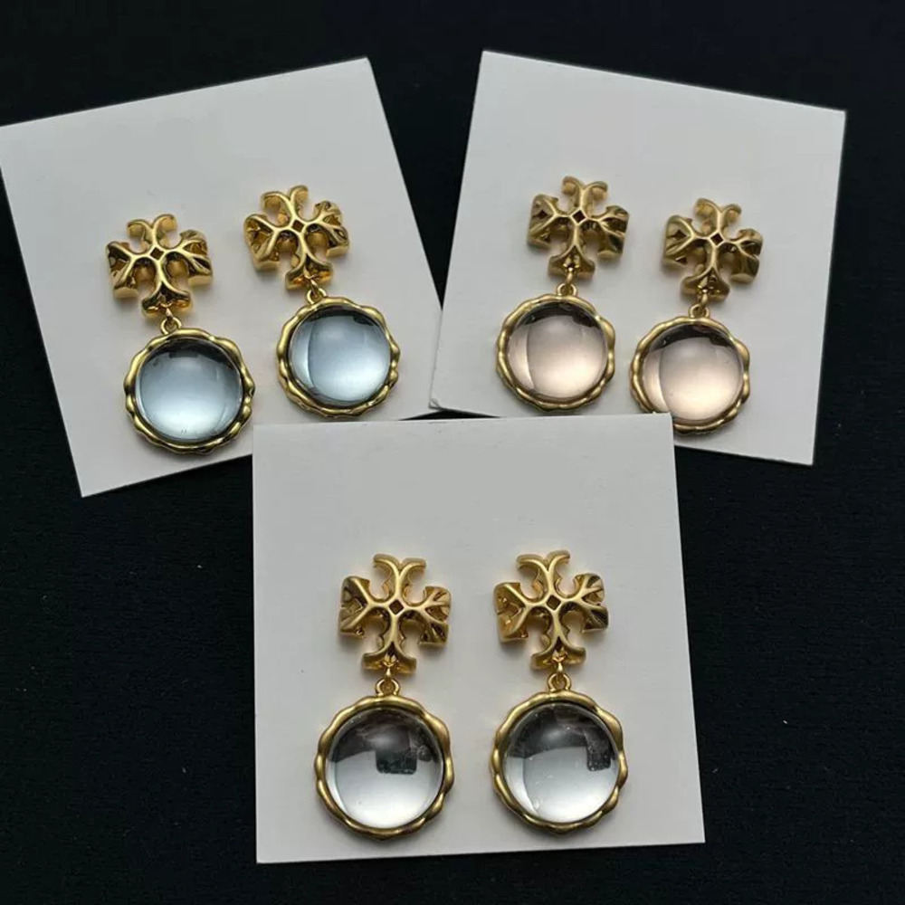Tory Burch Plated Double Stud Earrings with Clear Acrylic Inlay Drop